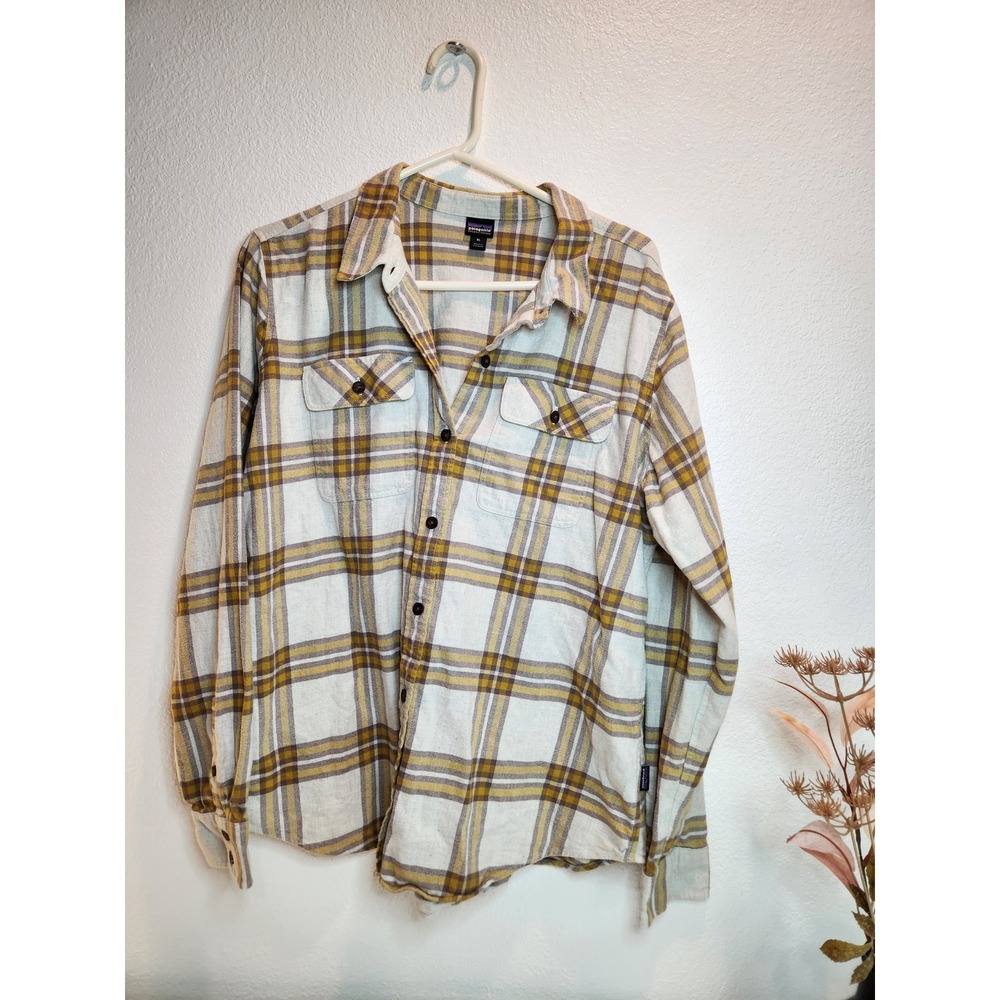 Patagonia Organic Cotton Flannel Shirt XL Plaid‎ Button-Up Yellow Brown